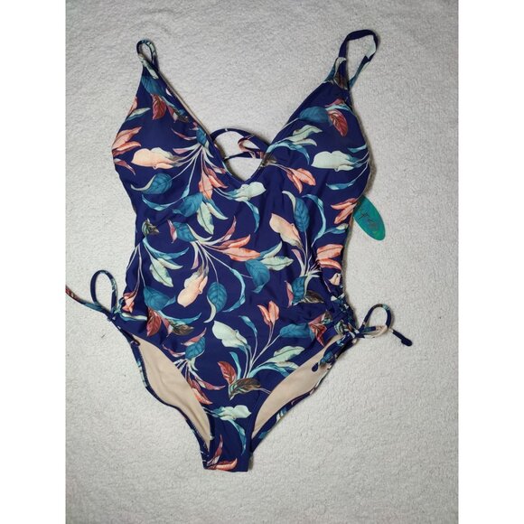 Mynah Navy Blue Floral V-Neck Side-Ties Medium Coverage One-Piece Swimsuit M NWT - Picture 2 of 8